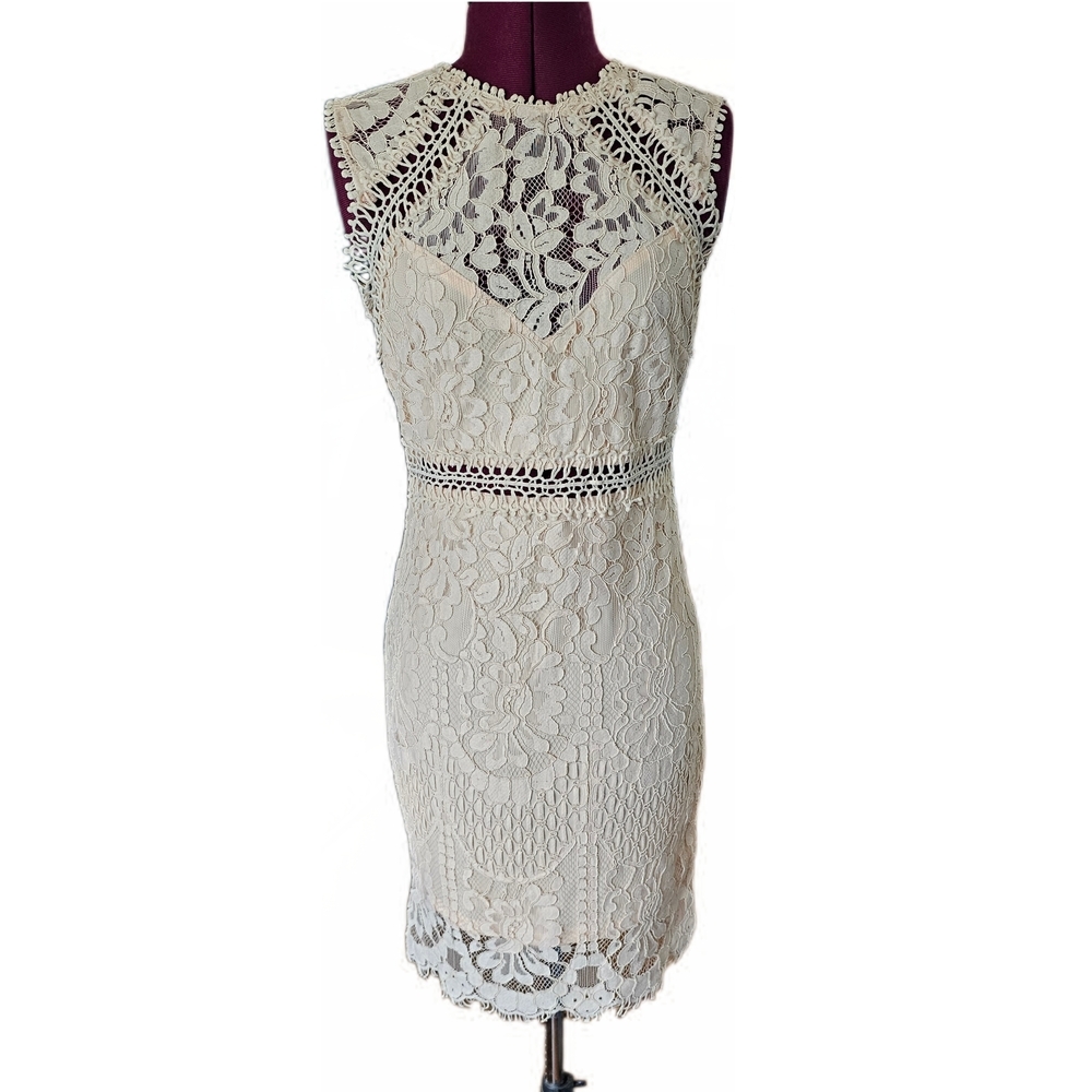 Main Strip Sleeveless Crochet Lace Knee Length Dress Cream Nude Womens - Picture 2 of 16